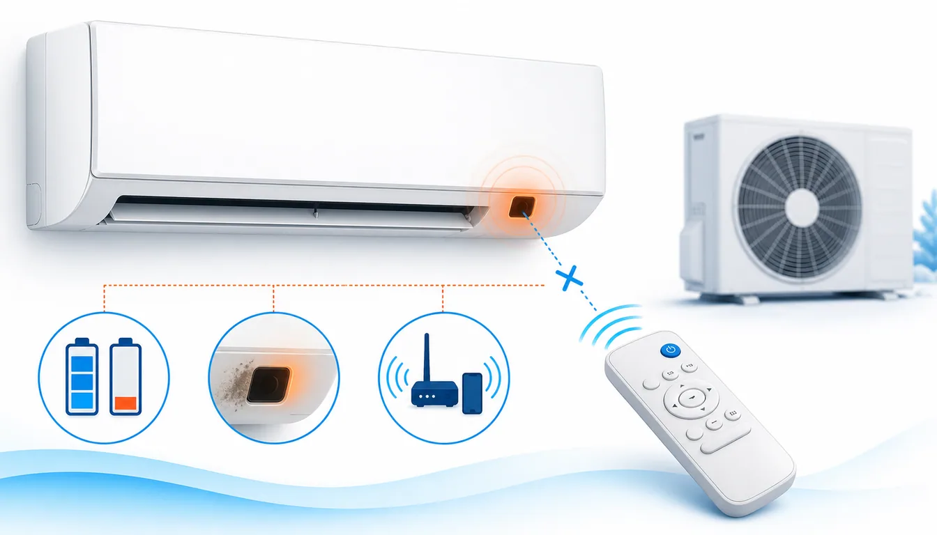 Schéma de diagnostic montrant une télécommande Toshiba Shorai ou Haori dont le signal IR n’atteint plus le récepteur intérieur.