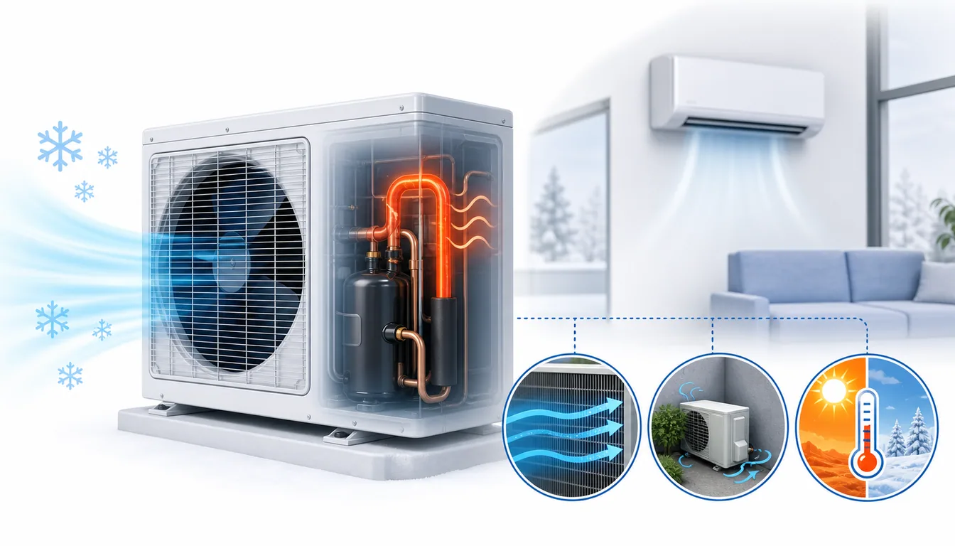 Schéma de diagnostic montrant une surchauffe du compresseur Toshiba Shorai ou Haori sur la ligne de refoulement extérieure.
