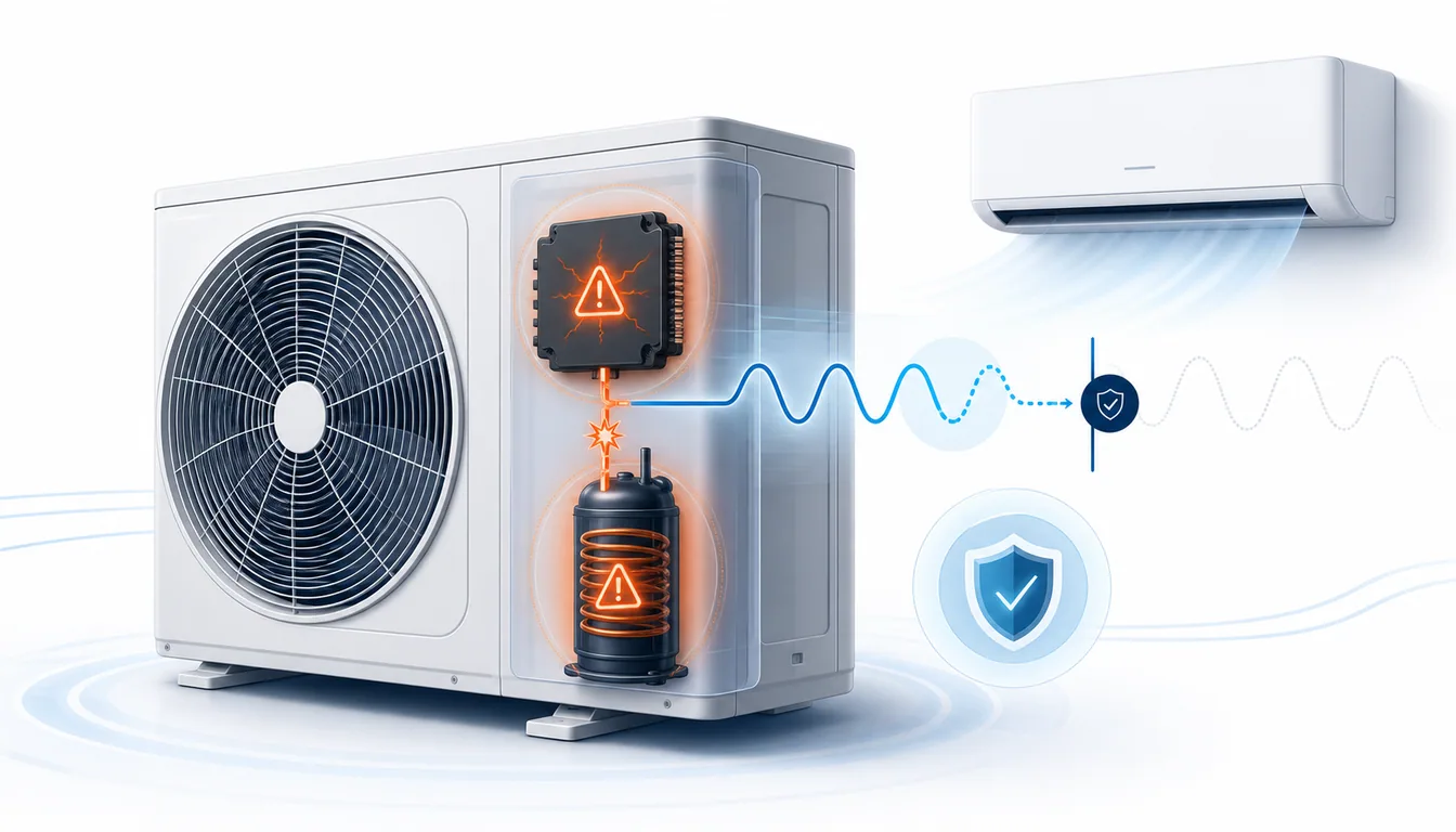 Schéma de diagnostic montrant un module de puissance inverter Toshiba Shorai ou Haori en anomalie de courant compresseur.