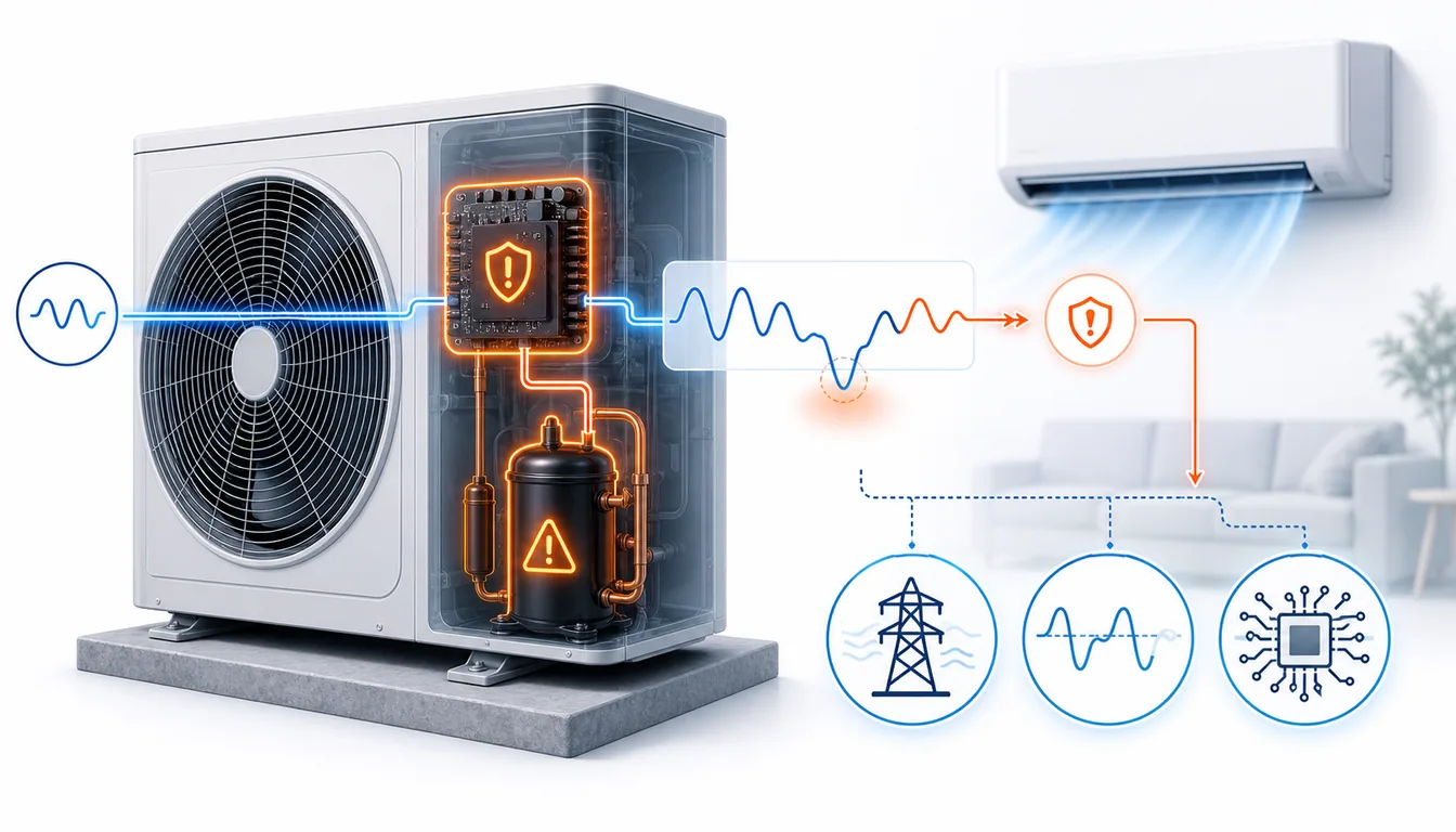 Schéma de diagnostic montrant une anomalie de tension Toshiba Shorai ou Haori sur le chemin d’alimentation du compresseur.