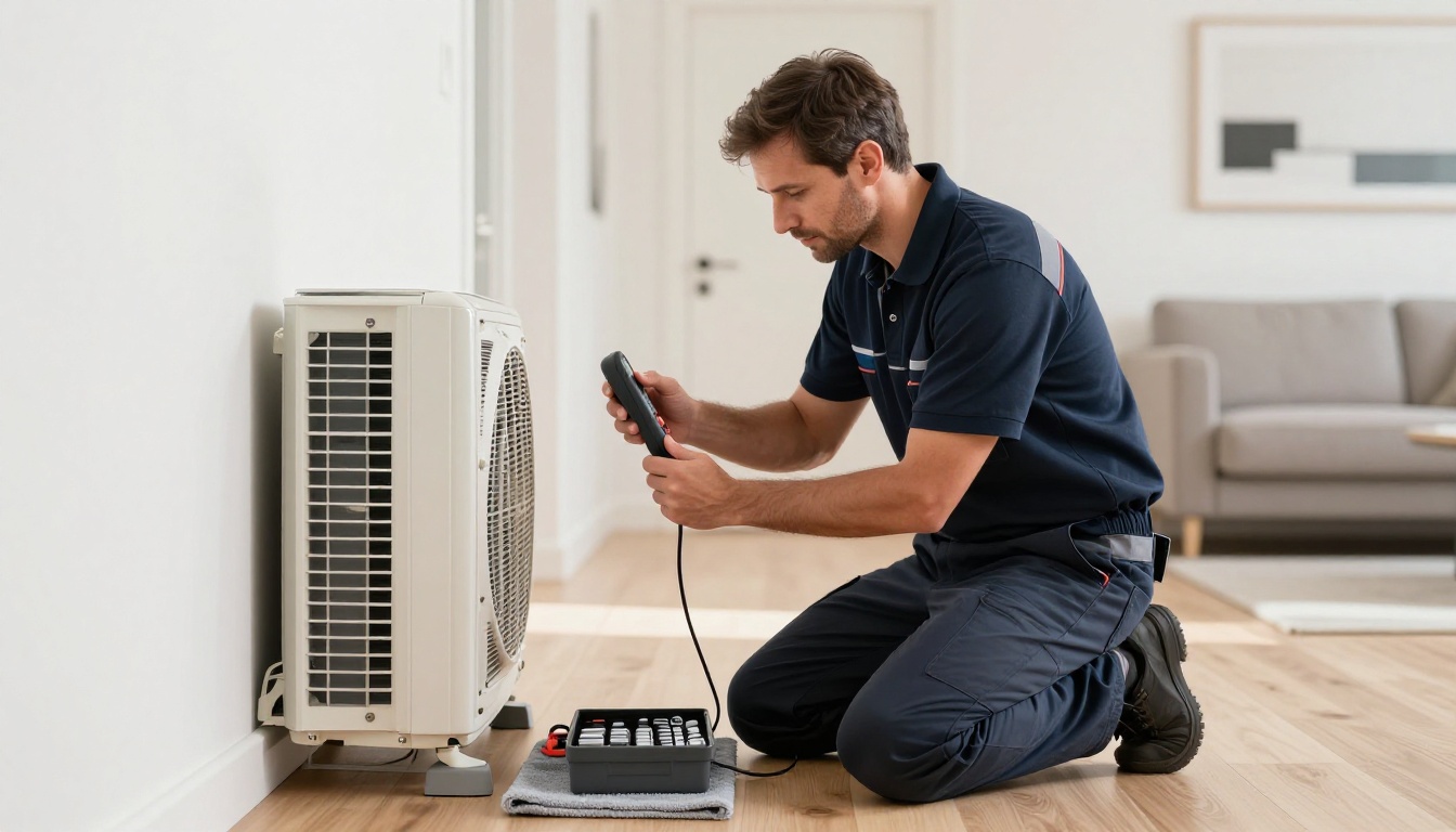 Artisan certifié intervenant sur une unité intérieure de climatisation avec un appareil de diagnostic