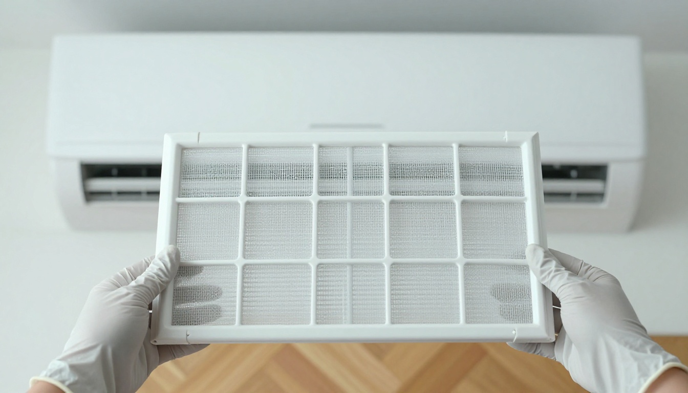 Inspection détaillée d'un filtre propre d'unité de climatisation tenu par des mains gantées