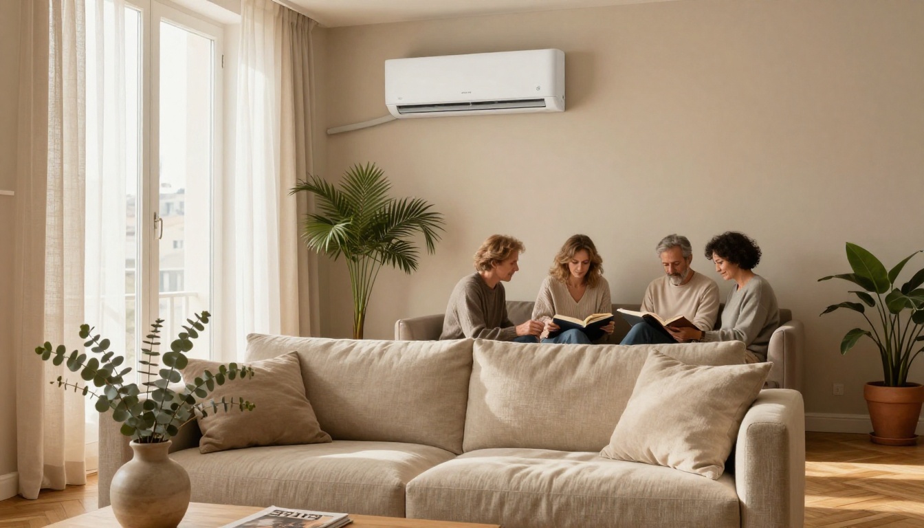 Installation d'une climatisation murale dans un salon moderne français baigné de lumière naturelle