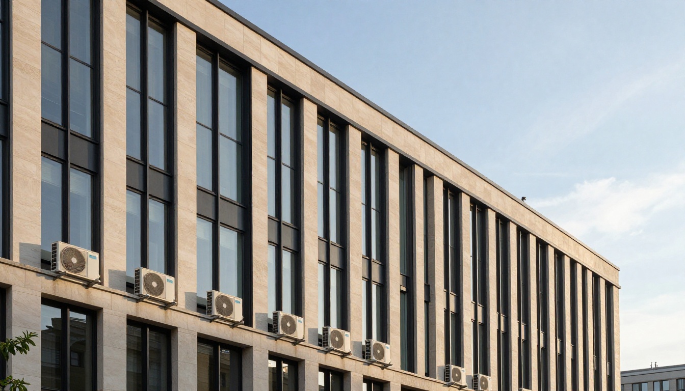 Façade d'immeuble tertiaire moderne équipé d'unités extérieures de climatisation en soirée